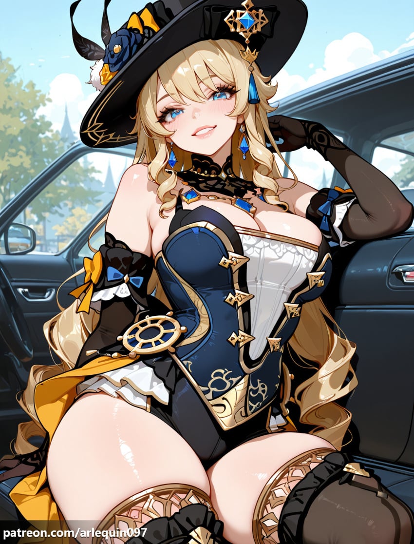 1girl ai_generated arlequin097 bare_shoulders black_gloves black_headwear black_thighhighs blonde_hair blue_eyes blue_gemstone blue_sky bodice breasts brown_thighhighs car car_interior cleavage detached_sleeves drill_hair drill_sidelocks earrings elbow_gloves flower genshin_impact gloves grin hat hat_flower jewelry large_breasts long_hair looking_at_viewer mihoyo motor_vehicle navia_(genshin_impact) showgirl_skirt sidelocks sitting sky smile solo thick_thighs thighhighs thighs vision_(genshin_impact)