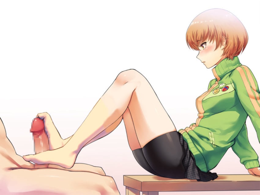 1girls barefoot bike_shorts brown_hair edit feet female footjob jacket nervous persona persona_4 satonaka_chie tomboy