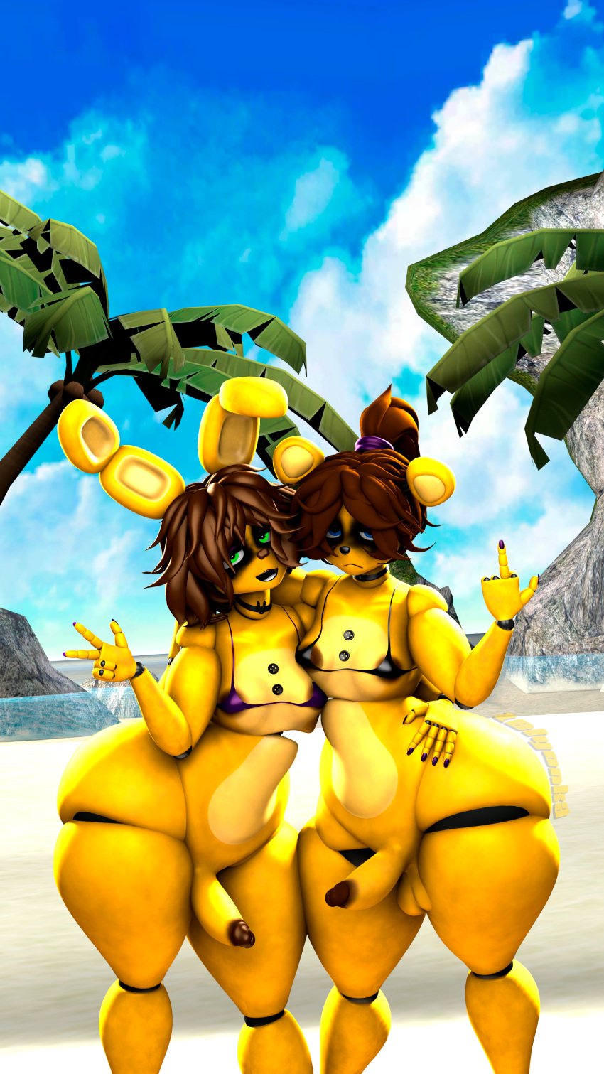 3d absurd_res animatronic anthro areola areola_slip balls beach beach_background bear bedroom_eyes black_bra black_choker black_clothing black_jewelry black_nails black_necklace black_underwear blue_eyes blue_sky bottomless bottomless_anthro bottomless_male bra bra_only bulge choker clothed clothing coconut colored_nails crossdressing dark_areola dark_glans darkened_glans day digital_media_(artwork) drupe_(fruit) duo erection femboy five_nights_at_freddy's food fredbear_(fnaf) frown fruit genitals gesture glans green_eyes hair hand_gesture hand_on_another's_hip hand_on_hip hi_res humanoid_genitalia humanoid_penis jewelry lagomorph leporid looking_at_viewer machine male male/male mammal middle_finger nails narrowed_eyes necklace open_mouth open_smile palm_tree penis plant ponytail purple_bra purple_clothing purple_underwear rabbit robot robot_anthro rock scottgames sea seductive short_hair sky smile smiling_at_viewer source_filmmaker_(artwork) spring_bonnie_(fnaf) thick_thighs tied_hair tree underwear underwear_only v_sign water watermark wide_hips zelyonka