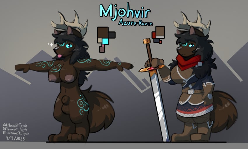 animal_genitalia anthro areola armor big_areola black_hair blep blue_sclera blue_tattoo breasts brown_body brown_fur canid canine canis character_name clothed clothed_anthro clothing deer fully_clothed fully_clothed_anthro fully_sheathed fur genitals glowing glowing_tattoo gynomorph hair hi_res howzit_toyah hybrid intersex looking_at_viewer mammal melee_weapon model_sheet scarf sheath simple_background solo sword t-pose tail tattoo text tongue tongue_out weapon wolf