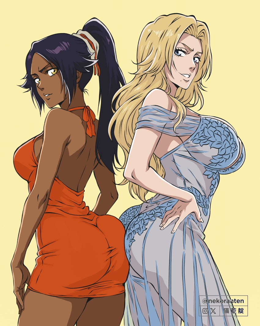 2girls ass ass_press ass_to_ass big_ass big_breasts bleach blonde_hair breasts busty chocolate_and_vanilla color colored curvy dark-skinned_female dark_skin dat_ass dress embroidery fan_colored fat_ass female female_only light-skinned_female long_hair looking_at_viewer looking_back matsumoto_rangiku mature_female nekoranten ponytail purple_hair sheer sheer_clothing shihouin_yoruichi skimpy skimpy_clothes strawberry_blonde_hair tight_clothing tight_dress voluptuous