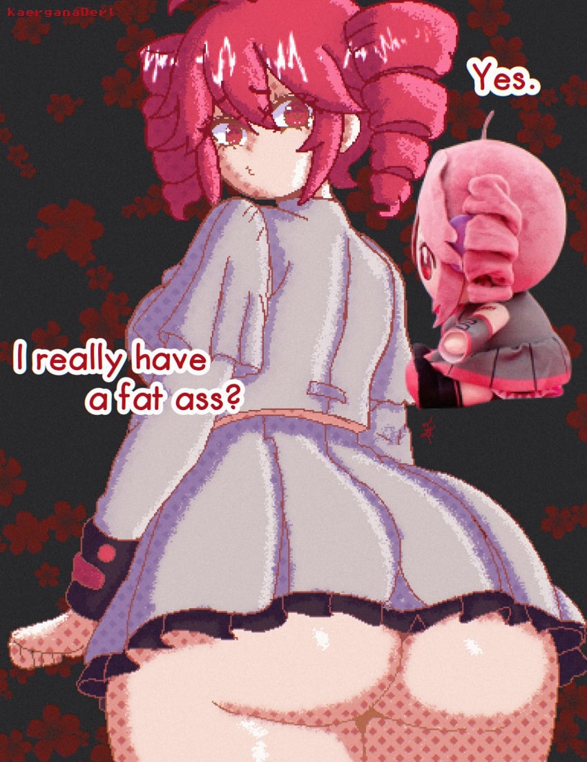 1girls ahoge ass ass_focus bare_ass big_ass big_breasts bottom_heavy breasts clothed clothed_female clothing crop_top curvaceous curvy curvy_female curvy_figure english_text fatass_teto_plush female female_only gluteal_fold huge_ass ineffective_skirt kaerganaderl kasane_teto kasane_teto_(sv) large_ass miniskirt no_panties pixel_art plushie red_eyes red_hair short_skirt simple_background skirt solo solo_female synthesizer_v text twin_drills twintails underass upskirt utau voluptuous voluptuous_female wide_hips