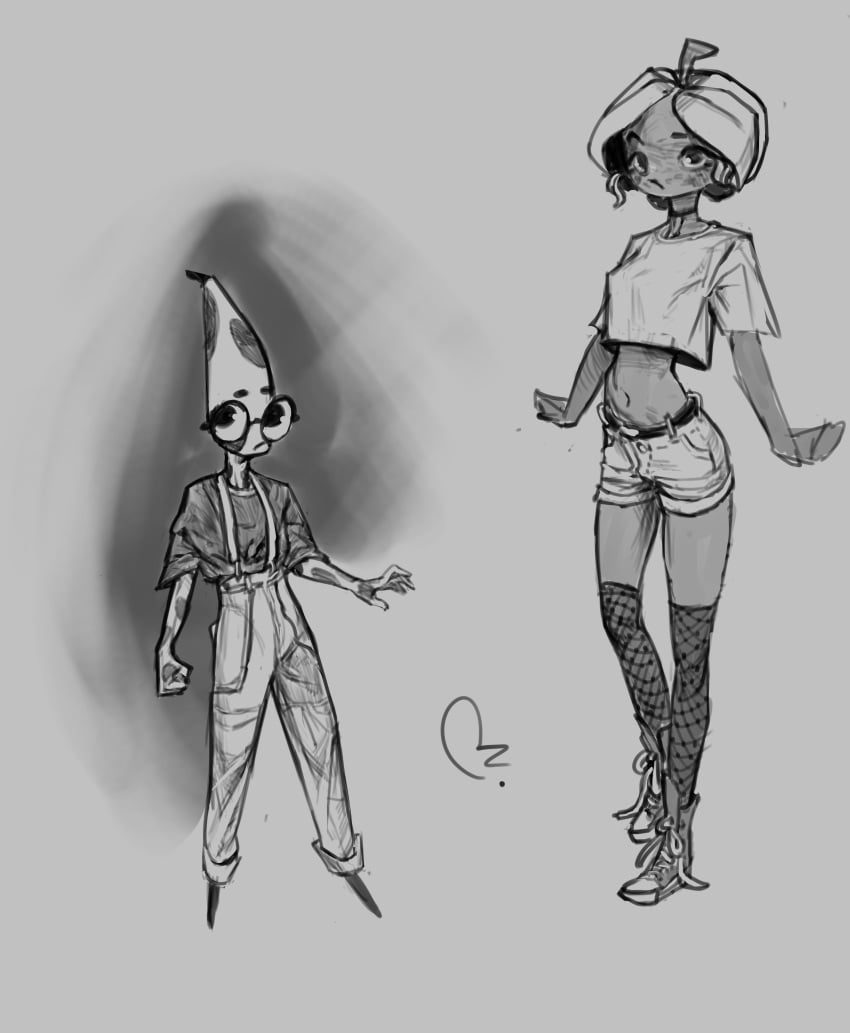 1boy 1girls 2024 2d apple banana clothed crop_top denim_shorts extinctyellow eyewear female fishnet_legwear fishnets fruit fruit_humanoid glasses leaf_hair male monochrome navel original original_characters pants round_glasses sfw smaller_male suspenders taller_female taller_girl thighhighs thin_female watermark