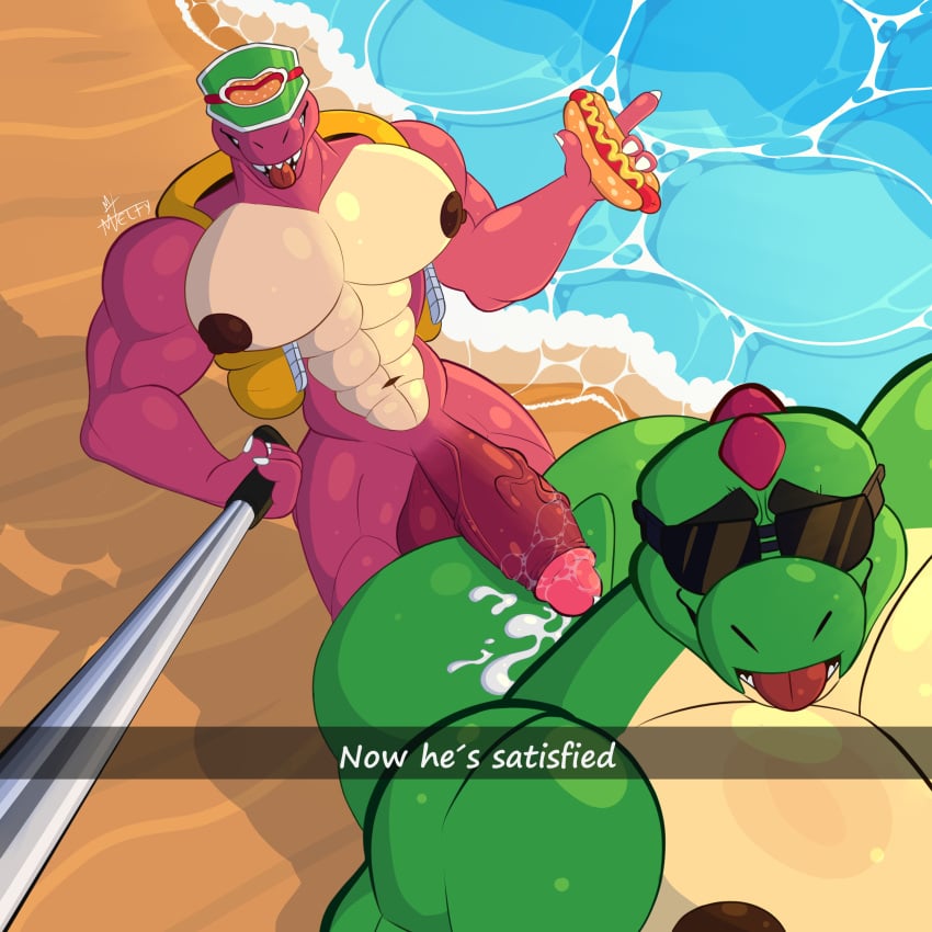 abs absurd_res animal_humanoid anthro ass beach big_butt big_penis bodily_fluids brawl_stars brown_nipples buzz_(brawl_stars) clothing covered_eyes cum damelty dinosaur doug_(brawl_stars) duo ejaculation eyewear food front_view genital_fluids genitals green_body hi_res high-angle_view hot_dog huge_butt huge_cock humanoid light male male/male muscular nipples nude pecs penis penis_on_butt photo pink_body prehistoric_species reptile reptile_humanoid sand scalie scalie_humanoid sea selfie selfie_stick shadow smile smiling_at_viewer sunglasses sunlight supercell_(company) tongue tongue_out topwear vest water