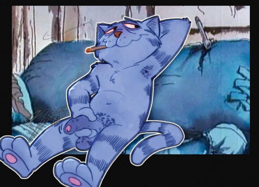 anthro domestic_cat drugs felid feline felis foreskin fritz_the_cat_(character) genitals hi_res male mammal marijuana nude penis raccoondouglas smoking solo
