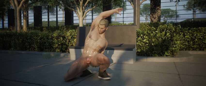 3d 3d_model 3d_render armpit armpit_hair armpits bench bicep biceps cd_projekt_red cgi cyberpunk cyberpunk_2077 flashing_penis gay gay_male male male/male male_only muscles nudity park park_bench public public_exposure public_nudity see-through_clothing sneakers sneakers_only souperman street stretching transparent_clothing v_(cyberpunk_2077)
