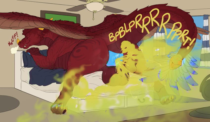 aetherxov anus ass b0b_dergarius balls bed big_anus big_butt blue_anus bodily_fluids brown_fart_cloud dragon facial_horn fart fart_cloud fart_fetish feathered_wings feathers feral fur furniture genitals green_fart_cloud hi_res horn huge_anus hyper hyper_anus male mane mythological_creature mythological_scalie mythology nose_horn on_bed perineum puffy_anus red_body red_fur red_mane red_scales scales scalie solo sweat ventral_scales wings yellow_horn yellow_nose_horn