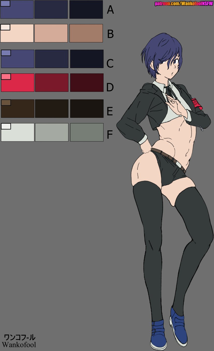 1boy 2025 2d alternative_universe artist_name atlus blue_hair bulge character_sheet clothing concept_art femboy femboy_focus feminine_male feminization flat_colors gay hotpants impossible_clothes makoto_yuki male male_only megami_tensei penis persona persona_3 persona_3_reload school_uniform showing_off sissy sketch thick thick_thighs uniform wankofool