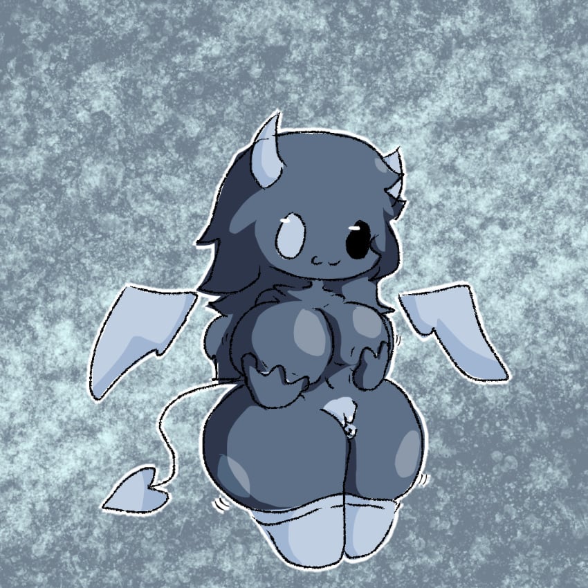 :3 anus ass big_breasts big_butt blue_body breasts clothing demon female footwear genitals helleng huge_breasts huge_butt humanoid membrane_(anatomy) membranous_wings not_furry pussy simple_background small_but_hung socks solo spade_tail tail thick_thighs white_clothing white_footwear white_socks wings