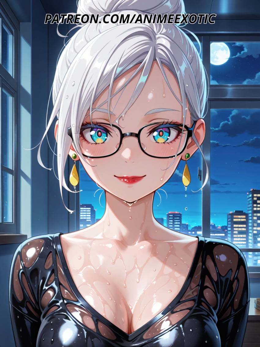 ai_generated anime anime_girl anime_style arched_back artist_request bed bedroom bedroom_eyes black_bra black_outfit blush buns_hairstyle chest_focus choker cleavage close_up collarbone curvy dark_aesthetic dark_background dark_lingerie dark_theme digital_art dreamy_background dripping_water earrings ecchi erotic expressionless_wet eye_contact face_focus facial_closeup fan_art fanservice female female_only flushed_cheeks focus_on_body full_body glasses glasses_girl glow_effect hair_sticking_to_skin half_dressed high_detail indoors kneeling lacy_underwear large_breasts laying_down leaning_back lewd lingerie long_hair long_legs looking_at_viewer moody_lighting night nipples_through_shirt nipples_visible_through_clothing nsfw on_bed open_shirt original_character patreon pose_from_above pulling_clothes rain_effect seductive_look seductive_pose seductive_smile see_through sensual_look sexy_pose sheer_fabric shiny_effect shiny_skin short_dress shyness sitting skin_tight soft_shading softcore solo solo_focus suggestive tasteful_nsfw teasing tempting thenikito thigh_gap thin_fabric tight_clothes transparent_clothes undertones updo upper_body visible_underwear wet_clothes wet_hair wet_look wet_shirt wet_skin white_hair
