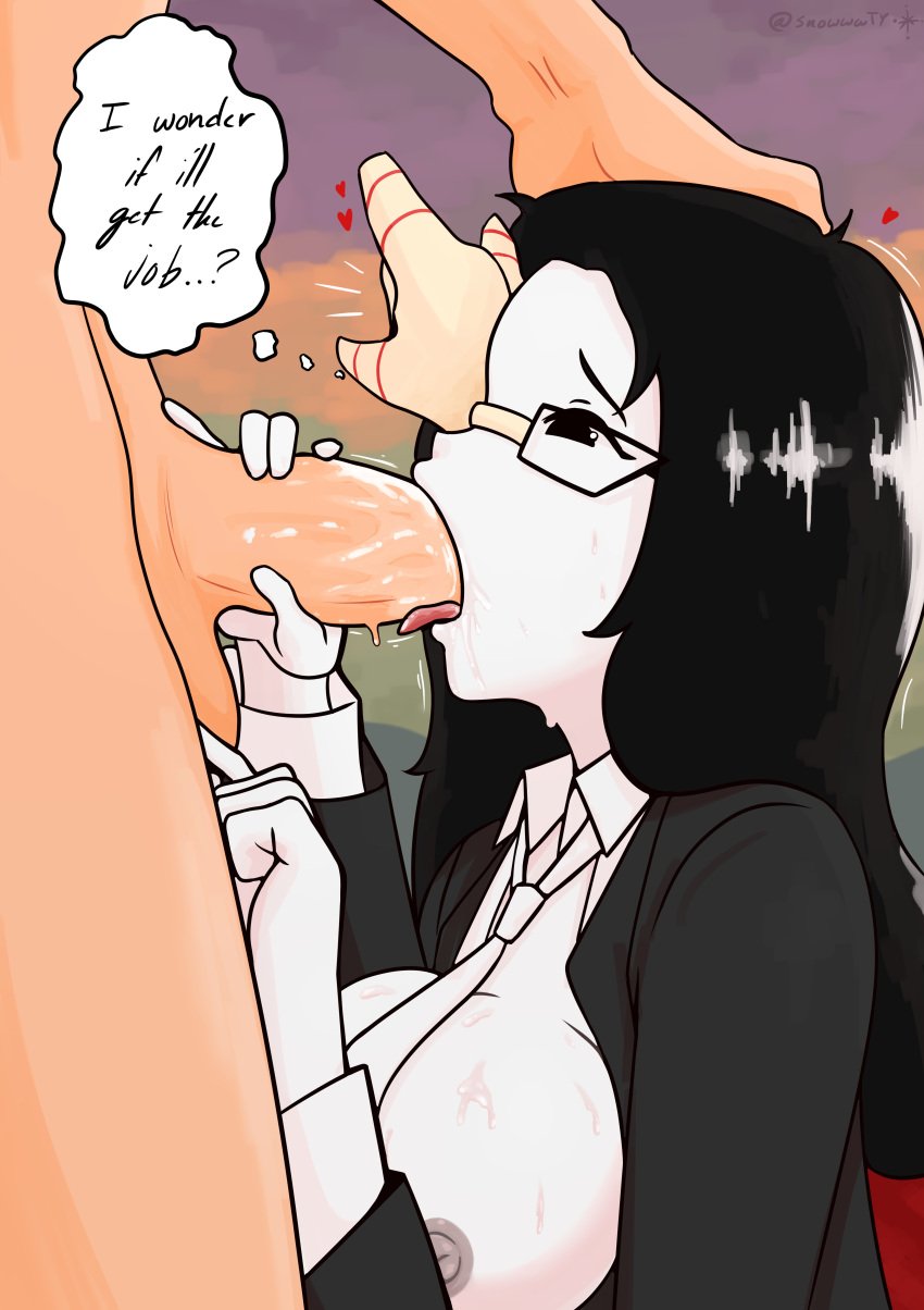 big_breasts big_penis blowjob comic coral_glasses ena ena_(dream_bbq) ena_(series) female glasses handjob interview male nipples office_lady saliva saliva_drip shy snowwwy_(artist) speech_bubble suit thought_bubble tie