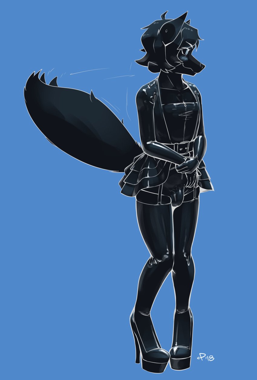 absurd_res anthro black_body black_fur blue_background blush bottomwear bulge canid canine clothed clothing crossdressing detailed_bulge embarrassed femboy footwear fox fur garter_belt garter_straps hi_res high_heels latex latex_bottomwear latex_clothing latex_legwear latex_skirt latex_thigh_highs latex_topwear latex_underwear legwear male male_only mammal poiuytrew shoes simple_background skirt solo standing submissive submissive_male thigh_highs topwear underwear