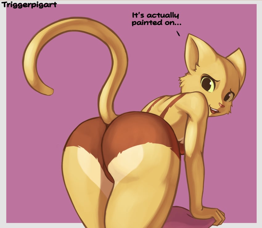 anthro artist_name ass bent_over bodypaint breasts brown_paint digital_media_(artwork) english_text felid female fingers fur hi_res katia_managan khajiit looking_at_viewer looking_back mammal microsoft open_mouth paint painted_clothing pink_nose prequel_adventure simple_background smile solo tail teeth text the_elder_scrolls tongue triggerpigart yellow_body yellow_fur
