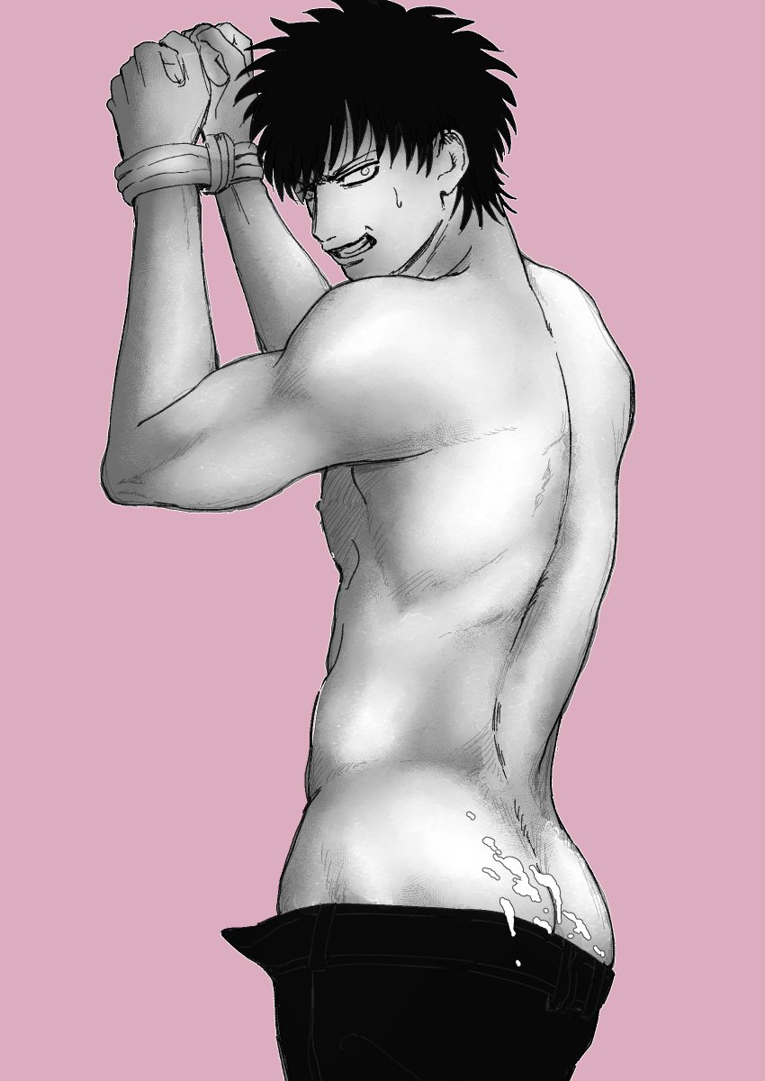 angry ass bound bound_wrists butt_crack chirigaminimai clenched_teeth cum cum_on_ass cum_on_body cum_on_lower_body gay gintama hijikata_toshiro looking_at_viewer looking_back male male_only monochrome pants_down pink_background restrained solo sweatdrop toned toned_male topless topless_male yaoi