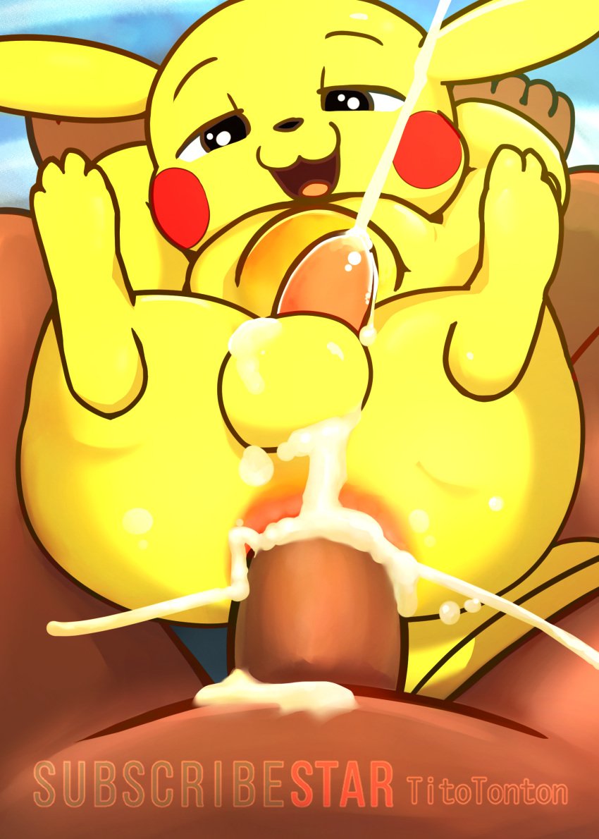absurd_res ambiguous_gender ambiguous_species anal anal_sex anthro anus ass balls balls_deep beach big_butt bodily_fluids brown_body cum cum_in_ass cum_inside cum_on_body cumshot duo ejaculation feet feral first_person_view gay generation_1_pokemon genital_fluids genitals half-closed_eyes hi_res hindpaw inflation interspecies legs_up looking_at_viewer lying male male/male mammal mouse murid murine narrowed_eyes nintendo nude on_back open_mouth paws penetration penis pikachu pokemon pokemon_(species) pokephilia public public_sex rodent sex sitting spread_anus spread_legs spreading stomach_bulge summer tapering_penis thick_thighs tito-tonton yellow_body