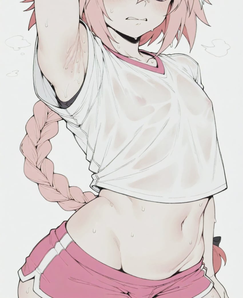 1boy ai_generated arm_up armpit_peek armpits astolfo_(fate) astolfo_(fate/apocrypha) astolfo_(saber)_(fate) blush bow braid clenched_teeth covered_nipples crop_top dolphin_shorts fate/apocrypha fate/grand_order fate_(series) groin hair_ribbon long_braid long_hair male_focus midriff navel official_alternate_costume otoko_no_ko pink_hair pink_shorts ribbon see-through shirt short_shorts short_sleeves shorts simple_background single_braid solo sondu sweat sweaty_clothes teeth wet wet_clothes wet_shirt white_background white_shirt