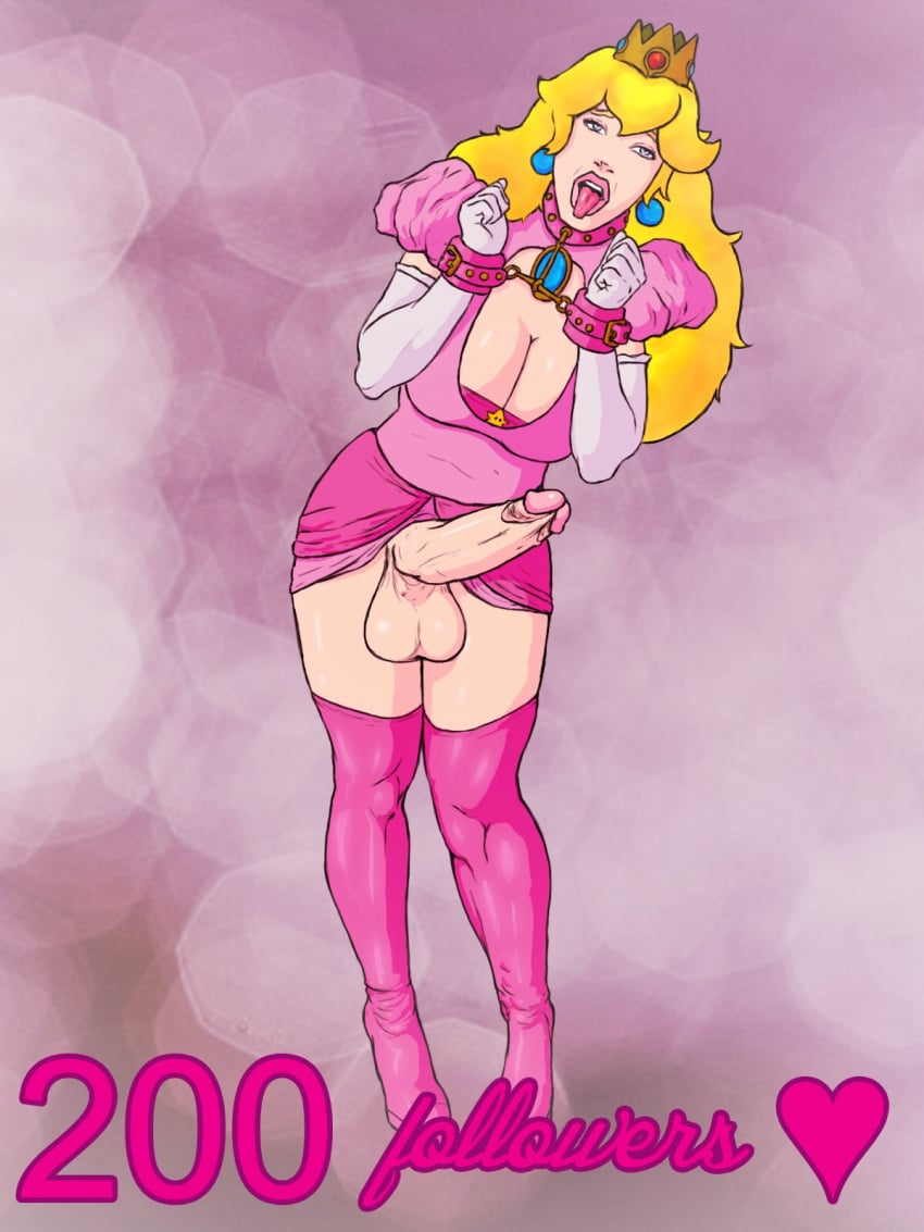 1futa balls balls_under_clothes blonde_hair bondage bottomless_skirt breasts cleavage curvy detached_sleeves dress dress_lift erection erection_under_clothes erection_under_skirt futa_only futa_sans_pussy futanari gray_eyes hair high_heels huge_balls huge_breasts huge_cock huge_penis intersex long_hair makeup mario_(series) nintendo open_mouth penis penis_out penis_under_clothes penis_under_skirt princess_peach skirt skirt_lift thick_lips thighhighs tongue_out yuca