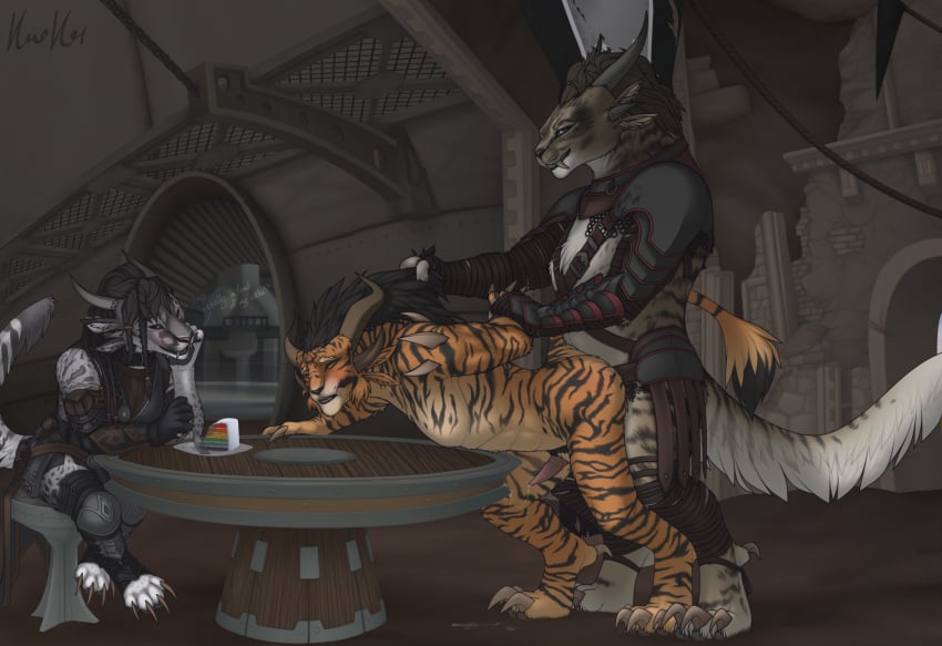 2024 anal anal_sex animal_genitalia animal_penis anthro anthro_on_anthro anthro_penetrated anthro_penetrating anthro_penetrating_anthro arm_pull armor ayda_(tellico) bent_over bent_over_table blush bodily_fluids charr clothed clothed_female clothing cum cum_while_penetrated detailed_background dominant dominant_female english_text felid feline_genitalia feline_penis female female_penetrating female_penetrating_male from_behind_position genital_fluids genitals group guild_wars hair hand_behind_back hi_res kiro kiro-kat male male/female male_penetrated mammal medieval nude_male object_in_ass pegging penetration penis pulling_hair reha_(kiro-kat) sex sex_toy sex_toy_in_ass sex_toy_insertion sex_toy_penetration signature standing_doggystyle strapon submissive submissive_male text touching_hair toying_partner trio