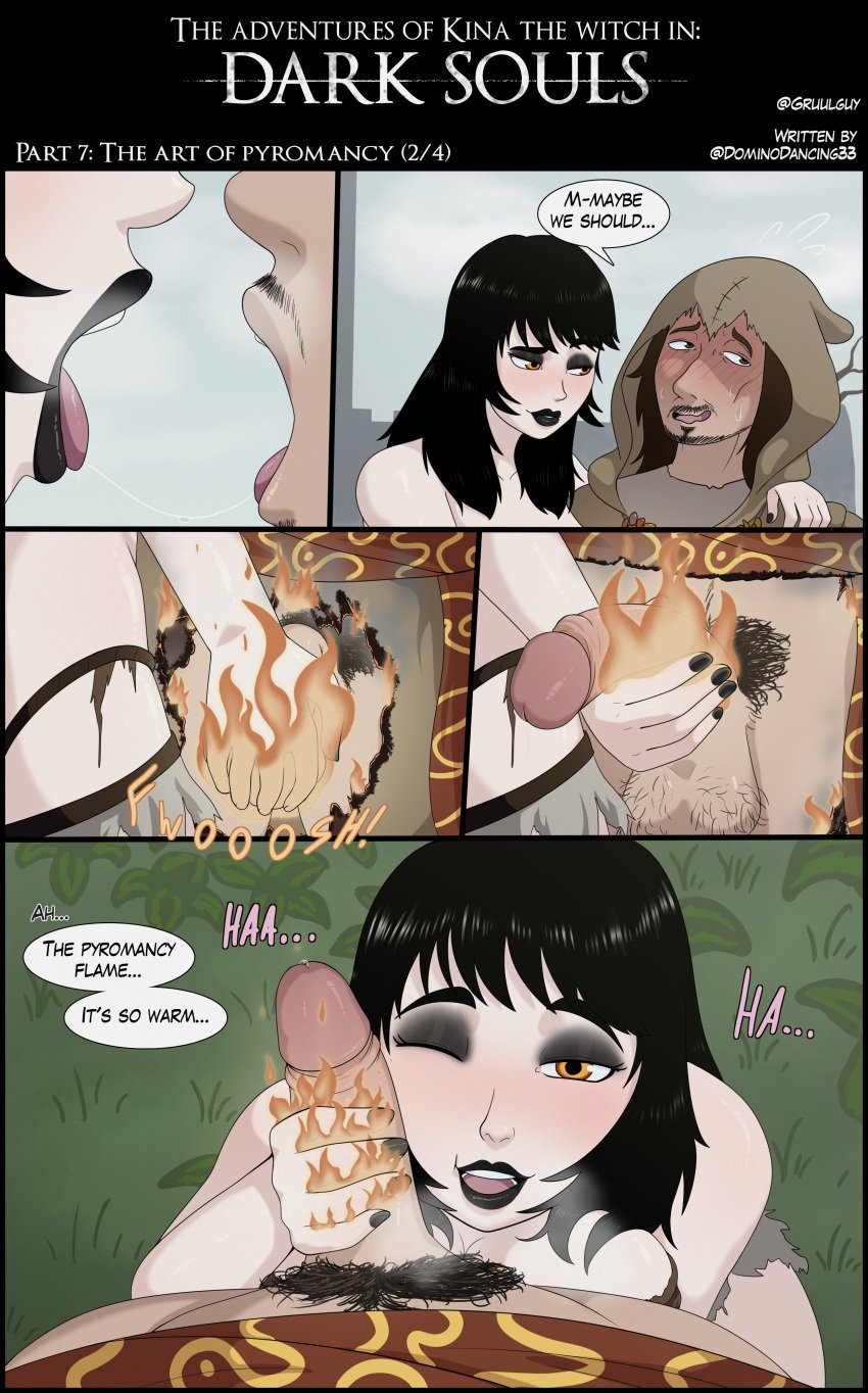 1boy 1girls big_ass big_breasts black_hair black_lipstick black_nails burning_clothes chosen_undead comic comic_page dark_souls dick dick_on_face dominodancing33 female fire goth goth_girl groping groping_crotch gruulguy kina_the_witch kissing laurentius_of_the_great_swamp magic makeup male outdoors page_2 penis pubic_hair rags red_eyes saliva skimpy_clothes witch
