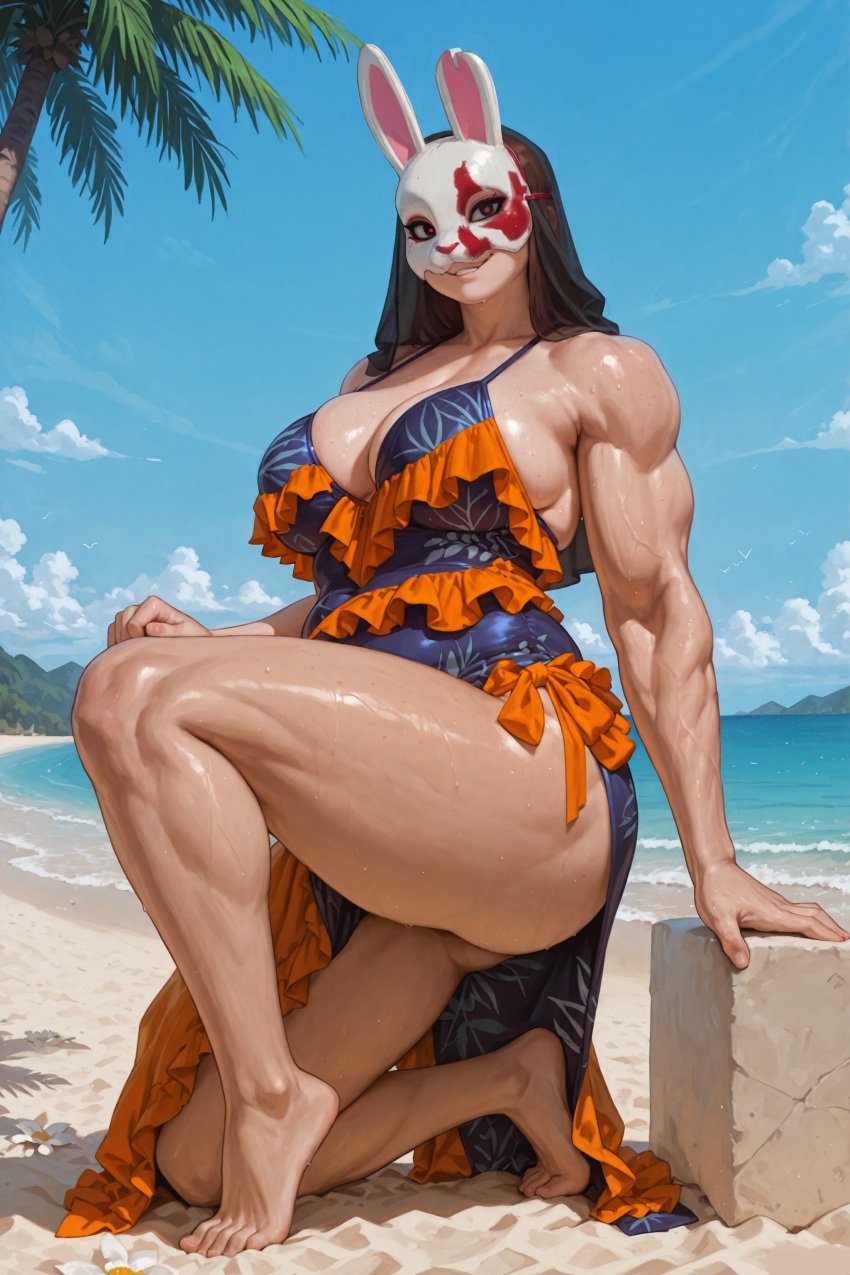 ai_generated anna_(dead_by_daylight) barefoot beach big_breasts breasts bunny_mask dbd dead_by_daylight feet female hooked_on_you huntress_(dead_by_daylight) killer long_dress mask moody_hat muscular muscular_female ocean posing red_eyes sand short_hair slight_smile swimsuit the_huntress_(dead_by_daylight) thick_ass thick_legs thick_thighs veil