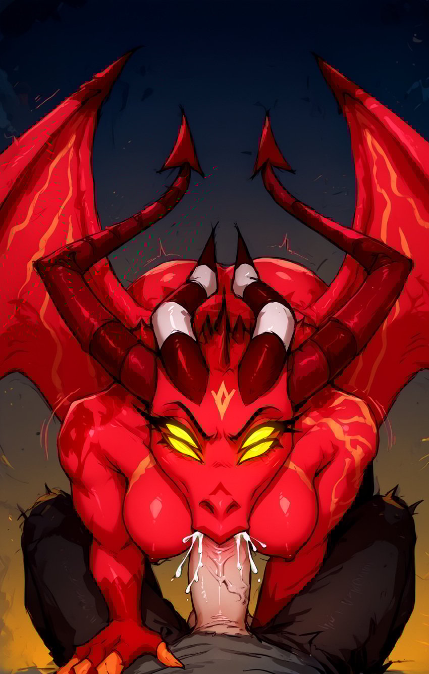 1boy 1girls ai_generated big_breasts blowjob cum demon demon_girl dragon fellatio female female_satan_(helluva_boss) fluids furry genderswap genderswap_(mtf) helluva_boss horns lizard_girl lustful_mind male/female rule_63 satan_(helluva_boss) tagme