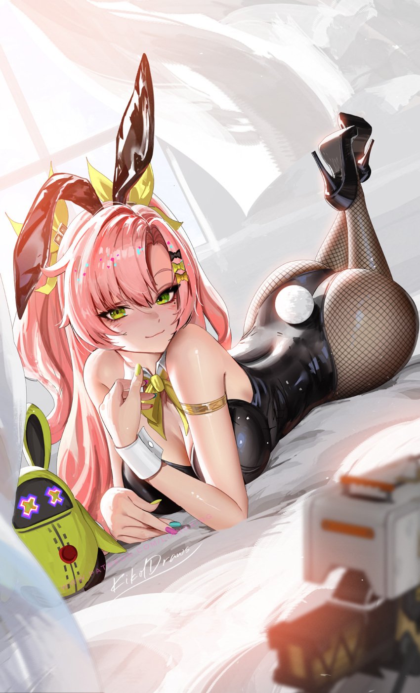 alternate_costume animal_ears aqua_nails armlet ass bare_shoulders black_leotard black_pantyhose blush breasts closed_mouth fake_animal_ears female fishnet_pantyhose fishnets full_body green_eyes hair_ornament high_heels highres jewelry large_breasts leotard liang_xing long_hair lying mole mole_under_eye nail_polish nicole_demara on_stomach pantyhose pink_hair playboy_bunny purple_nails rabbit_ears smile solo wrist_cuffs yellow_nails zenless_zone_zero