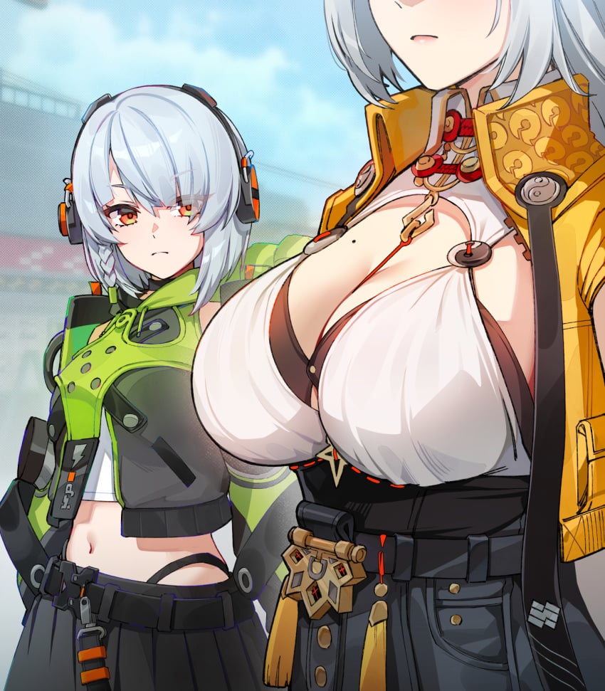 2girls anby_demara black_skirt blue_sky braid breast_envy breasts cleavage closed_mouth commentary cropped_jacket day english_commentary female foxyreine grey_hair headphones highres jacket large_breasts looking_at_another looking_at_viewer midriff mole mole_on_breast multiple_girls navel open_clothes open_jacket orange_eyes orange_jacket outdoors shirt shirt_tucked_in short_hair skirt sky small_breasts white_shirt yi_xuan zenless_zone_zero