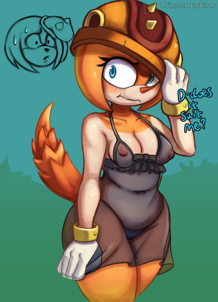 2024 anthro anthro_on_anthro areola armor blue_eyes blush bodily_fluids breasts clothed clothing dialogue duo echidna english_text female girdled_lizard gloves handwear headgear helmet hi_res knuckles_the_echidna lingerie lizard male male/female multicolored_body nipples orange_body reptile scalie sega simple_background sonic_(series) sonic_the_hedgehog_(series) sungazer_(lizard) sweat tan_body text translucent translucent_clothing triggerpigart trip_the_sungazer two_tone_body