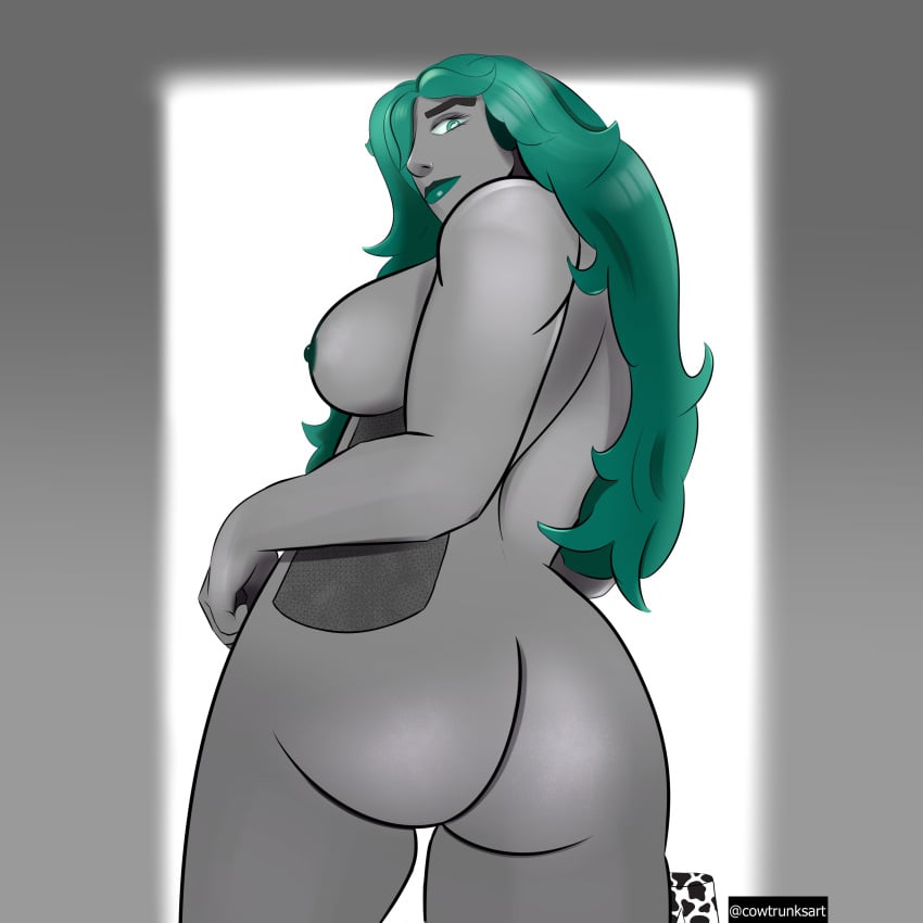 ass ass_focus cowtrunks girl green_body green_eyes green_hair nipples oc original robot_girl