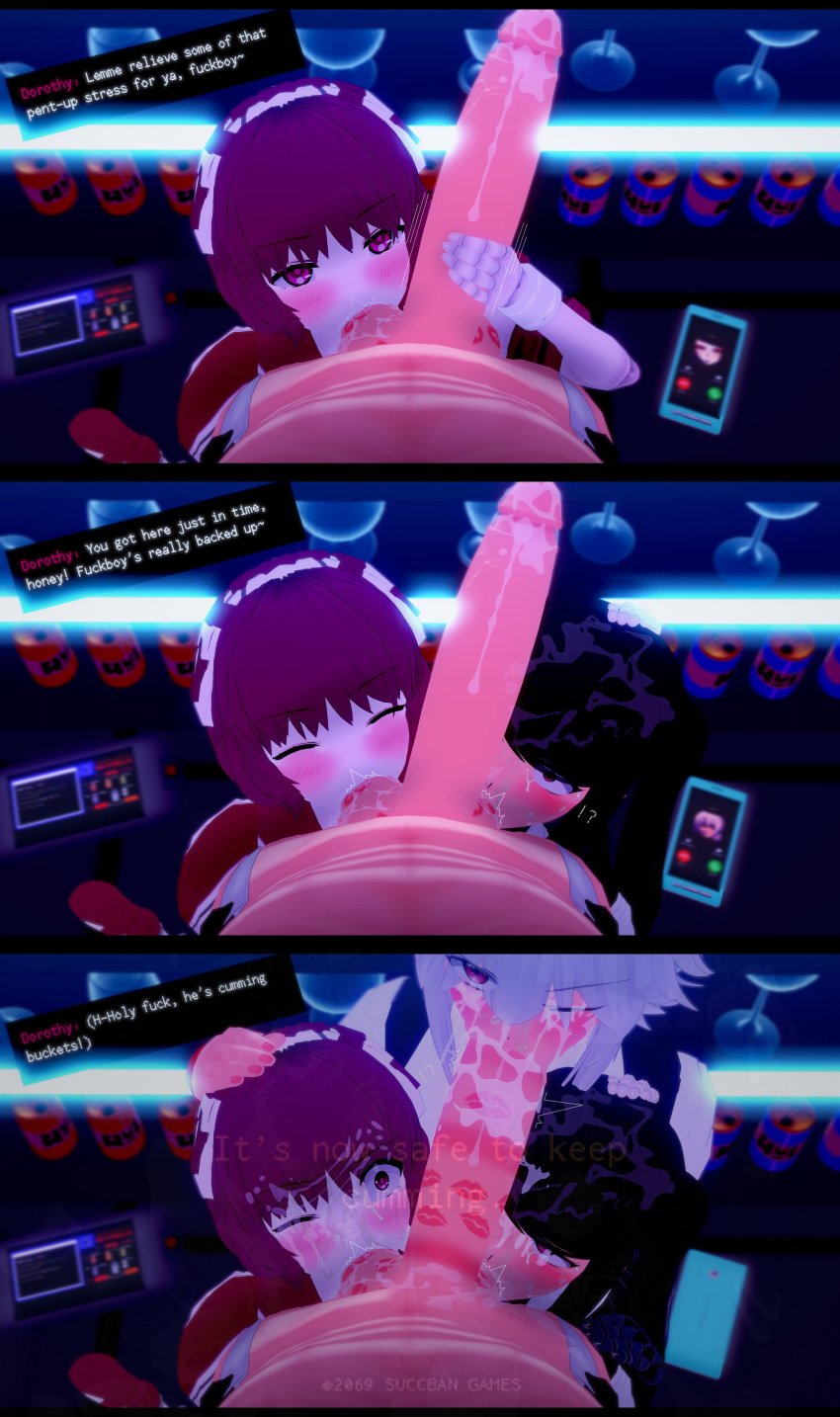 1boy 3d 3girls 3girls1boy ahoge ball_sucking black_hair calling cum cum_in_mouth cum_on_face dana_zane dialogue dorothy_haze fellatio female gillian_(va-11_hall-a) half-closed_eyes hand_on_head handjob happy julianne_stingray koikatsu light-skinned_female light-skinned_male light_skin lipstick lipstick_mark lipstick_on_balls lipstick_on_penis long_hair looking_at_another looking_at_viewer male medium_hair motion_lines one_eye_closed oral oral_sex pale-skinned_female pale_skin penis phone phone_screen pov precum precum_drip precum_string red_hair short_hair smiling spiritofrei text throbbing_balls throbbing_penis twintails uniform va-11_hall-a white_hair wide_eyed