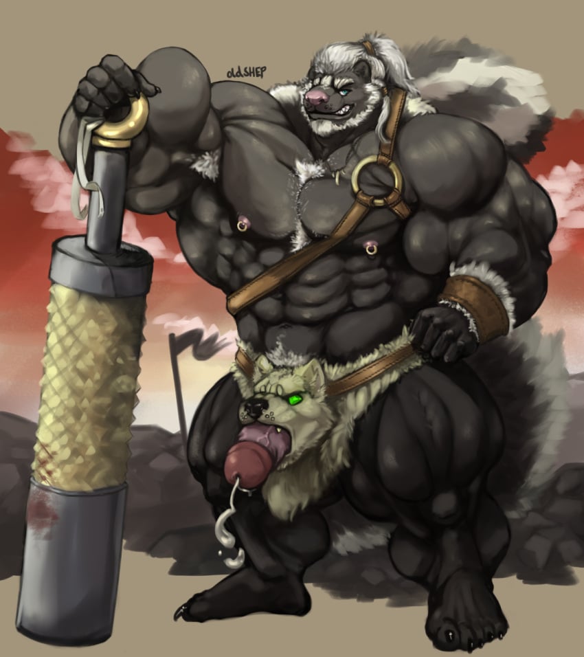 5_fingers 5_toes abs accessory anthro areola armpit_hair barazoku barbarian beard belt biceps big_muscles big_penis big_tail biped black_body black_fur black_tail blood blood_on_weapon blue_eyes bodily_fluids body_hair bottomwear bracelet chest_hair chest_tuft claws clothed clothed_anthro clothed_male clothing cloud deltoids detailed_background digital_media_(artwork) dusk erection evening eyebrows facial_hair feet finger_claws fingers fluffy fluffy_tail front_view full-length_portrait fur genital_fluids genitals glans grin grinning_at_viewer hair hair_accessory hairband hand_on_hip hi_res holding_melee_weapon holding_object holding_weapon huge_muscles humanoid_feet humanoid_genitalia humanoid_hands humanoid_penis hyper hyper_muscles jewelry loincloth long_hair looking_at_viewer male male_anthro mammal manly markings melee_weapon mephitid multicolored_body multicolored_fur muscular muscular_anthro muscular_male navel necklace nipple_piercing nipple_ring nipples oldshep outside pecs penis penis_poking_out piercing pink_areola pink_glans pink_nipples pink_nose pink_penis plantigrade ponytail portrait precum pubes quads ring_piercing serratus shaded signature skunk sky smile solo standing striped_body striped_fur striped_markings striped_skunk striped_tail stripes tail tail_markings teeth toe_claws toes topless topless_anthro topless_male triceps tuft two_tone_body two_tone_fur two_tone_tail vein veiny_penis weapon whisker_spots white_armpit_hair white_beard white_body white_eyebrows white_facial_hair white_fur white_hair white_pubes white_stripes white_tail white_tuft
