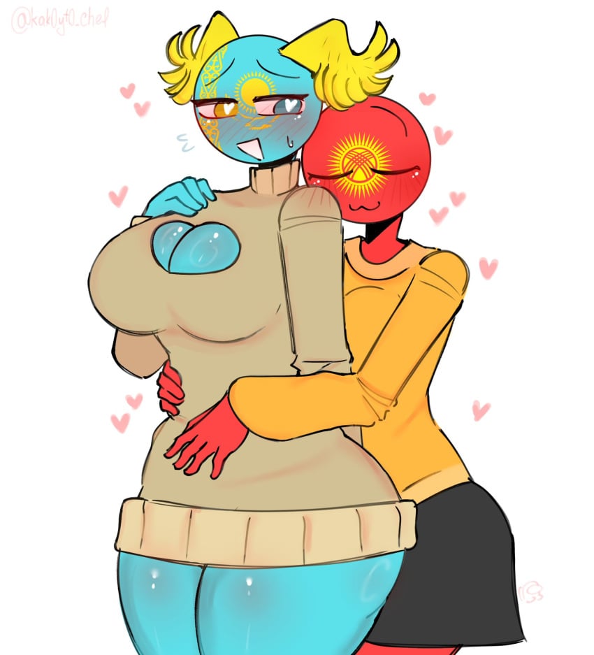 2025 2d 2girls artist_name artist_signature big_ass big_breasts blue_skin countryhumans countryhumans_girl curvy curvy_female curvy_figure cyan_body female female_only heart heart-shaped_pupils heart_eyes homosexual huge_ass huge_breasts hugging humanoid kak0yt0_chel kazakhstan_(countryhumans) kyrgyzstan_(countryhumans) lesbian_couple love no_futa red_skin sesbian_lex source twitter twitter_link twitter_username wings yuri yuri