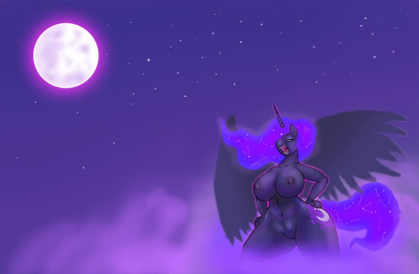 alicorn anthro anthrofied blue_body blue_eyes breasts cutie_mark dark_persona equine female friendship_is_magic hair hasbro horn long_hair looking_at_viewer mammal moon my_little_pony navel nightmare_moon_(mlp) nipples nude open_mouth outside princess_luna_(mlp) solo weasselk wide_hips wings