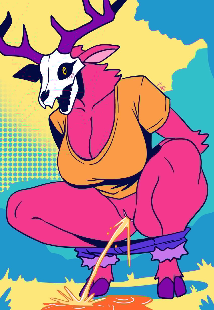 2025 absurd_res anthro antlers ass blush bodily_fluids bone bottomless bottomwear breasts caught_in_the_act clothed clothing female furry furry_female furry_only genital_fluids genitals hi_res hooves horn looking_at_viewer open_mouth peeing pussy red_body shirt shorts skull skull_head solo species_request spread_legs spreading topwear urine vinxent wendigo