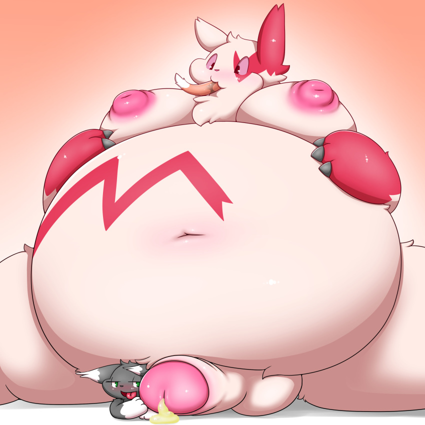 1:1 absurd_res almost_fully_inside anthro bboing belly big_belly bodily_fluids breasts cum cum_on_penis domestic_cat duo felid feline felis feral generation_3_pokemon genital_fluids genitals head_first hi_res humanoid_genitalia humanoid_penis male male/male mammal nintendo nipples oral_vore penis pokemon pokemon_(species) sitting size_difference vore zangoose