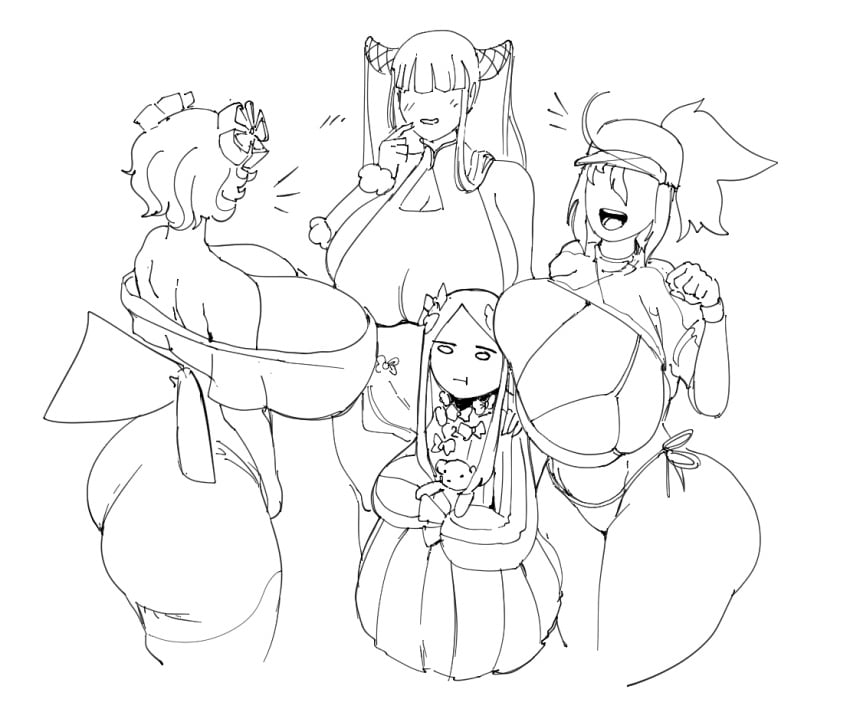 4girls :t abigail_williams_(fate/grand_order) ass bikini blush breast_size_difference breasts_bigger_than_head busty cleavage cross-crescent dress fate/grand_order fate_(series) female female_only hair_ornament hat height_difference horns huge_breasts katsushika_hokusai_(fate) kimono long_hair massive_breasts mysterious_heroine_xx_(foreigner) off_shoulder open_mouth parted_bangs short_hair sideboob smile surrounded_by_breasts swimsuit thick_thighs tied_hair top_heavy voluptuous wide_hips yang_guifei_(fate/grand_order)