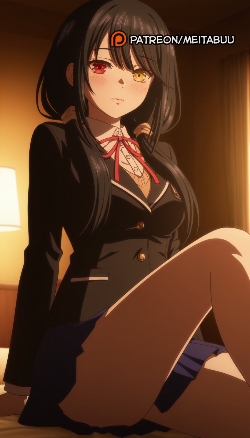 ai_generated arm_support black_hair black_jacket blazer blue_skirt blush breasts buttons clock_eyes closed_mouth collared_shirt date_a_live dress_shirt female heterochromia indoors jacket knee_up lamp long_hair long_sleeves looking_at_viewer low_twintails medium_breasts meitabuu miniskirt neck_ribbon on_bed pleated_skirt red_eyes red_ribbon ribbon school_uniform shirt sitting skirt solo symbol-shaped_pupils thighs tokisaki_kurumi twintails white_shirt yellow_eyes