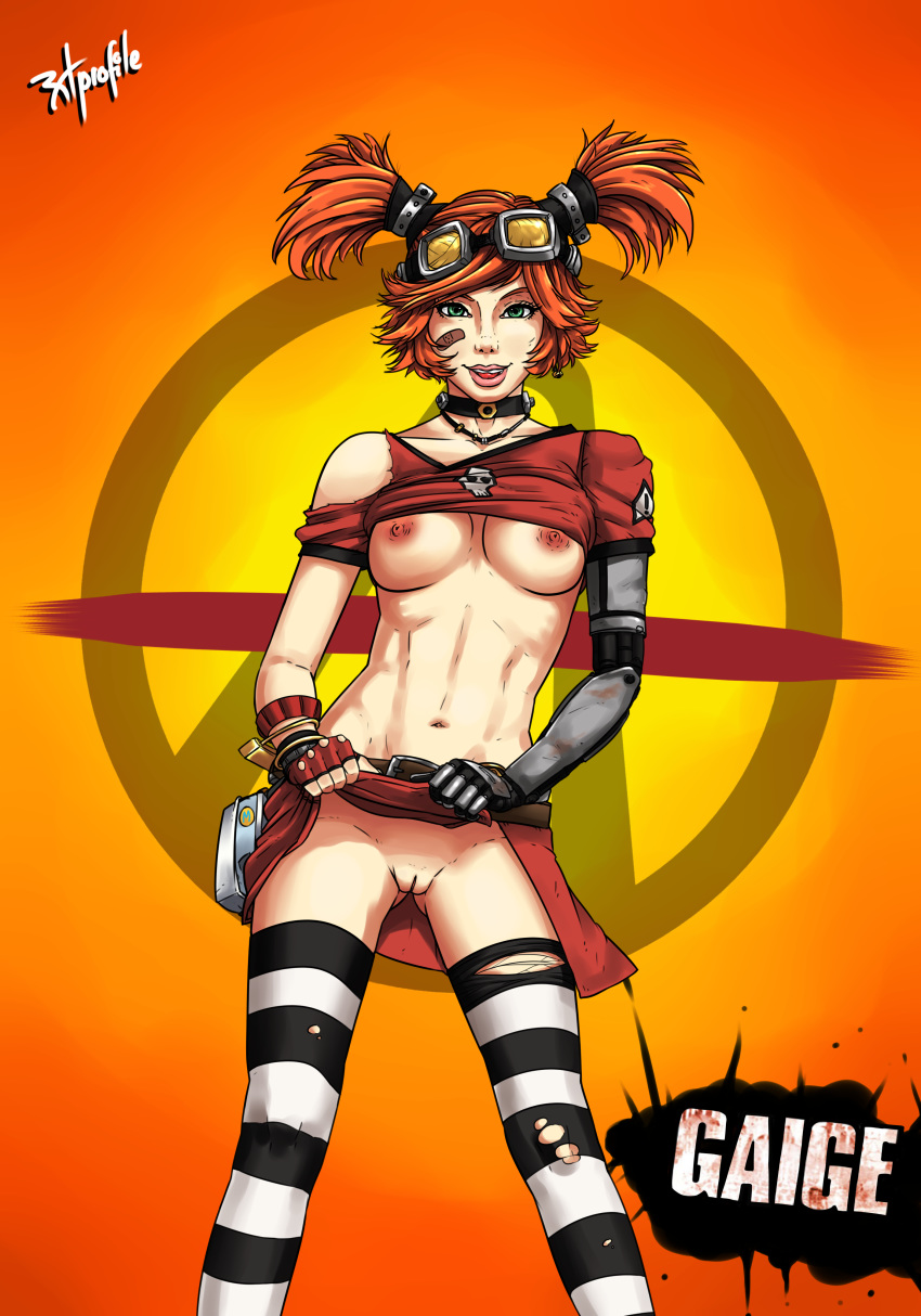 1girls big_breasts borderlands borderlands_2 breasts female flashing gaige_(borderlands) green_eyes lipstick nipples no_panties radprofile red_hair solo tease tied_hair tongue twintails