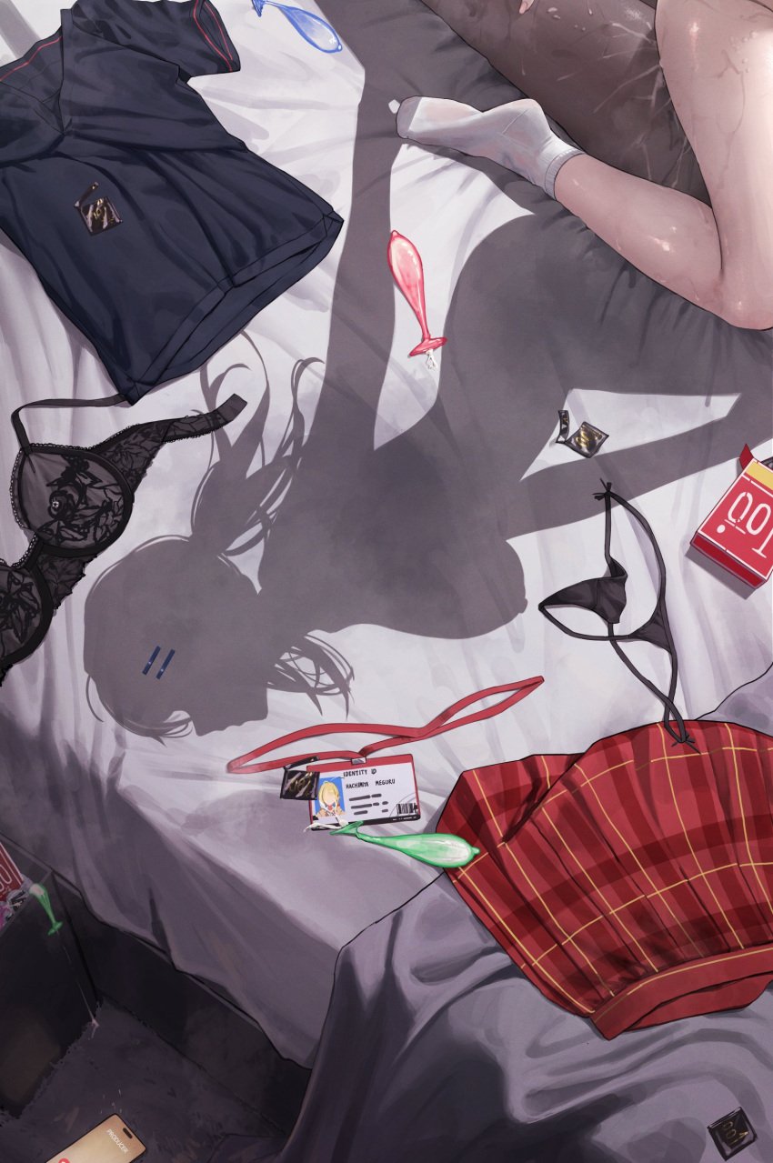1boy a1ter absurdres ahoge bed bed_sheet bedroom black_bra black_panties blue_shirt bra breasts condom condom_box condom_wrapper cowgirl_position cowgirl_position cum dark-skinned_male dark_skin dressed_shadow_(meme) female from_above hachimiya_meguru hair_flaps hair_ornament hairclip highres id_card idolmaster idolmaster_shiny_colors implied_nudity indoors interracial lanyard large_breasts long_hair low_twintails meme multiple_condoms nipples okamoto_condoms on_bed panties plaid_clothes plaid_skirt polo_shirt red_skirt sex shadow shirt silhouette skirt socks straddling straight string_panties sweat twintails underwear unworn_bra unworn_clothes unworn_lanyard unworn_panties unworn_skirt used_condom white_socks