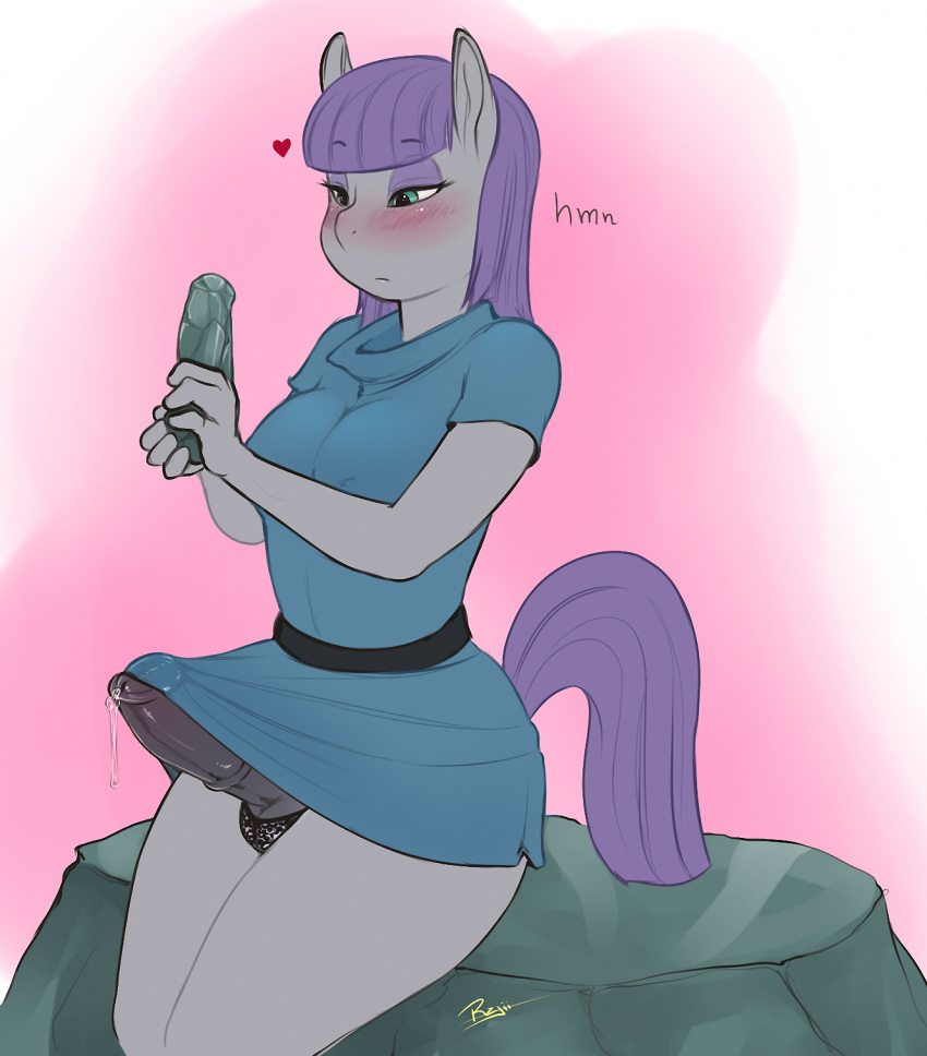 1futa 2014 anthro anthrofied balls balls_in_panties blue_eyes blush breasts cleavage cutie_mark earth_pony equine eyeliner eyeshadow friendship_is_magic fur furry futanari grey_body half-closed_eyes heart holding horse intersex mammal masturbation maud_pie maud_pie_(mlp) my_little_pony penis penis_under_dress pony precum purple_hair rajii rock sitting solo solo_futa voluptuous
