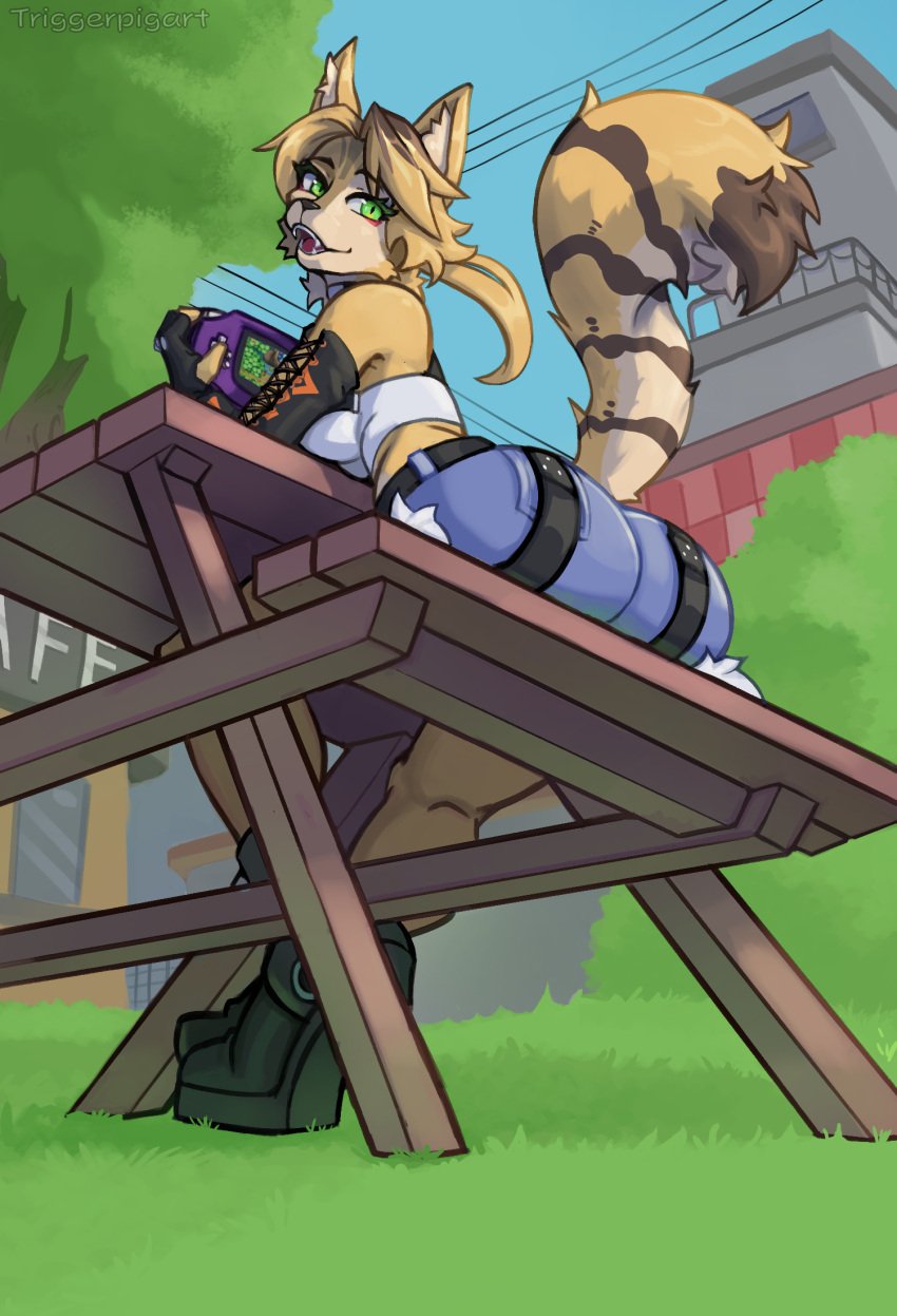 2025 anthro ass blonde_hair breasts brown_body brown_fur clothed clothing felid feline female fur green_eyes hi_res looking_back mammal mihoyo multicolored_body multicolored_fur open_mouth open_smile outside pulchra_fellini smile solo tail tan_body tan_fur thiren triggerpigart yellow_body yellow_fur zenless_zone_zero