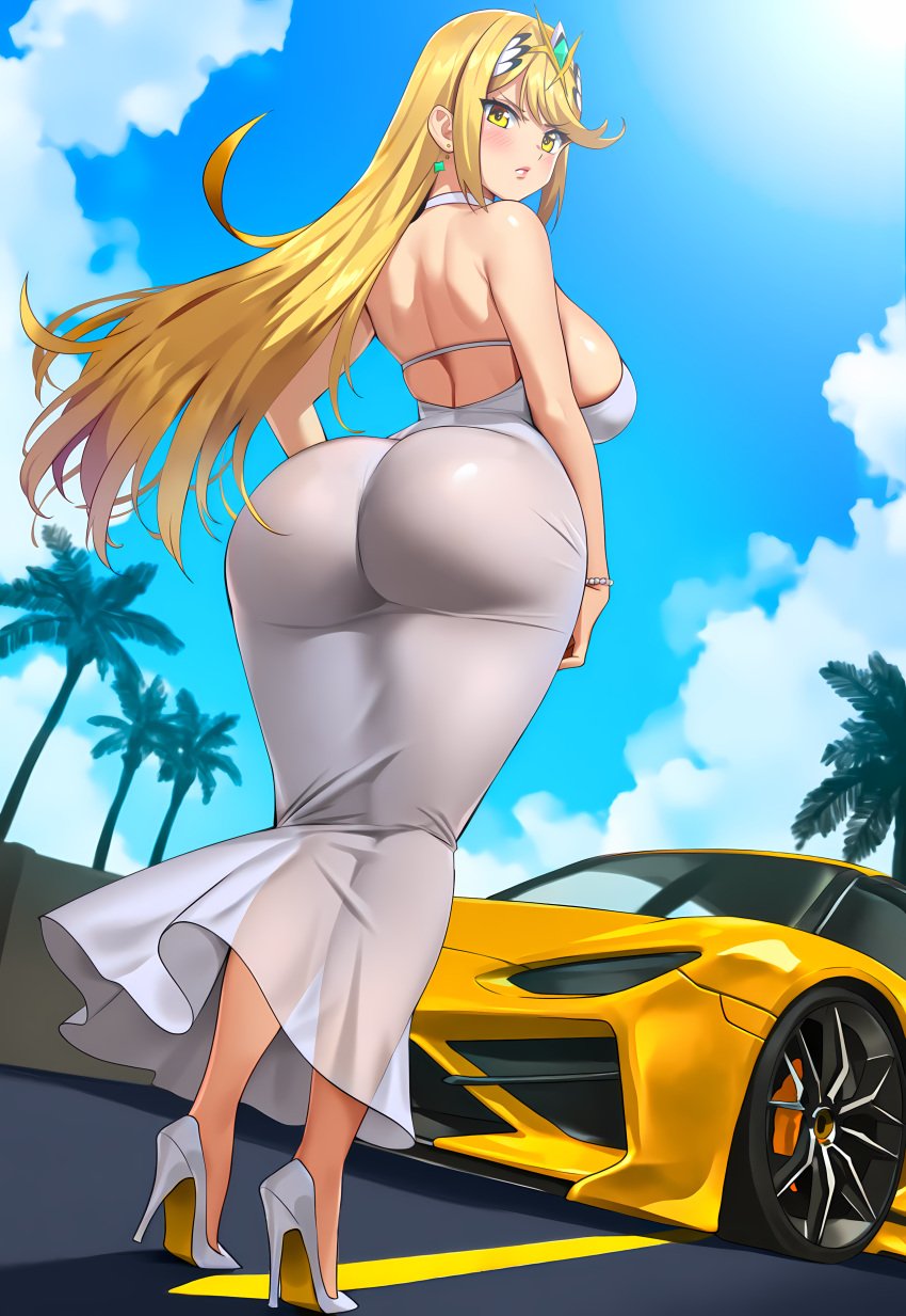 1girls 4k ai_generated annoyed blonde_female blonde_hair car dat_ass earrings female female_only from_behind from_below high_heels high_quality high_resolution highres huge_ass huge_breasts long_dress long_hair looking_at_viewer looking_back monolith_soft mythra nintendo novelai palm_tree street tiara tight_dress vermadis2x voluptuous voluptuous_female white_dress wide_hips xenoblade_(series) xenoblade_chronicles_(series) xenoblade_chronicles_2 yellow yellow_eyes yellow_hair