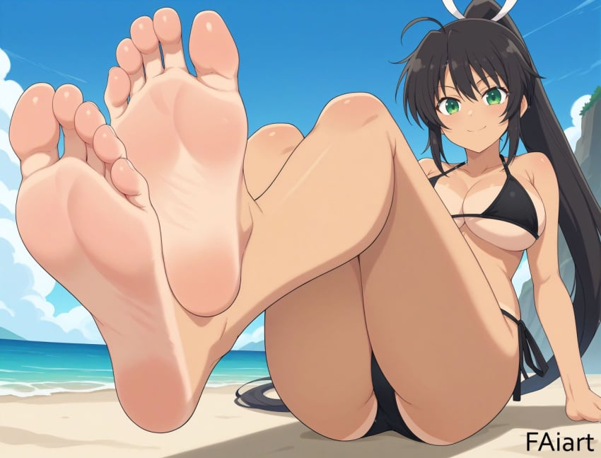 ai_generated beach bikini black_bikini black_hair faiart feet foot_fetish foot_focus green_eyes homura_(senran_kagura) long_hair ponytail senran_kagura senran_kagura_(series) soles tan_body tan_skin tanline