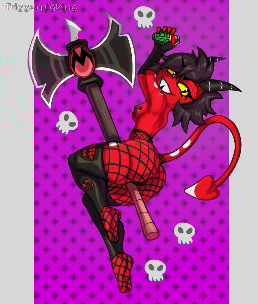 2024 absurd_res ass axe battle_axe black_hair breasts clothing demon demon_humanoid feet female fishnet_clothing fishnet_legwear hair helluva_boss hi_res horn humanoid imp legwear looking_back millie_(helluva_boss) pasties red_body simple_background smile soles solo spade_tail tail triggerpigart yellow_eyes