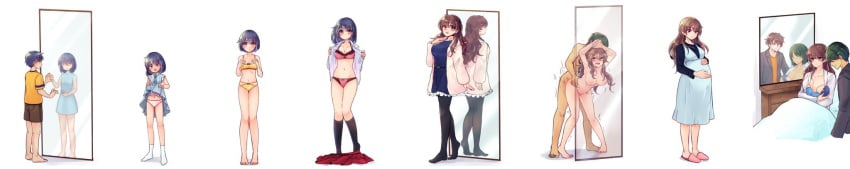 age_progression artist_request baby barefoot black_pantyhose black_socks blue_dress blue_hair blush body_switch bra breastfeeding breasts brown_eyes brown_hair brown_shorts dress from_behind full-length_mirror genderswap_(ftm) genderswap_(mtf) green_hair hands_on_own_stomach happy happy_sex highres impregnation large_breasts lifting_own_clothes long_hair looking_at_mirror looking_at_viewer medium_breasts medium_hair mirror navel nipples nude on_bed open_mouth original panties pantyhose personality_switch pink_bra pink_panties pink_sandals ponponsoro pregnant progression rule_63 sandals sex shirt shorts skirt socks straight surprised underwear undressing unworn_skirt vaginal_penetration white_socks wide_image yellow_bra yellow_panties yellow_shirt