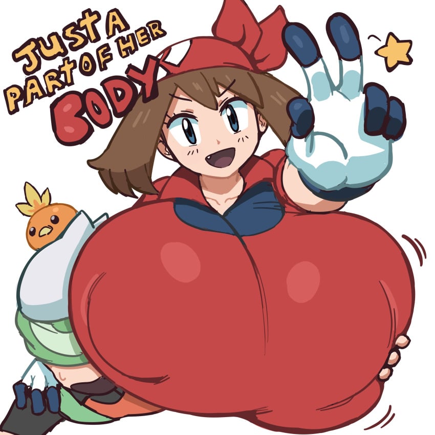1boy 1girls arm_around_shoulders bandana big_nipples blue_eyes breast_focus breasts breasts_bigger_than_head brendan_(pokemon) brown_hair casual clothed collarbone cute_fang exaggerated_anatomy female fully_clothed gigantic_breasts gloves grabbing grabbing_another's_breast grabbing_from_behind grey_impact greyimpaction huge_breasts huge_nipples hyper_breasts looking_at_viewer male may_(pokemon) mouth_open movement_lines nipples_visible_through_clothing no_bra one_fang_visible pokemon pokemon_rse pressed_against smile squish squished_breasts squishing star sweatdrop text torchic w white_background