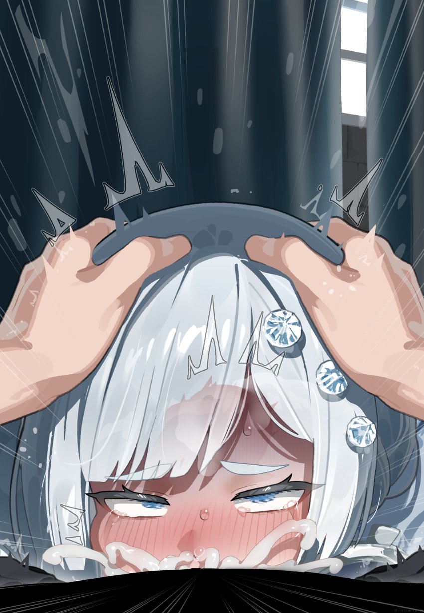1boy absurdres akershus_fortress_(oshiro_project) blue_eyes commentary_request cum cum_in_mouth cum_overflow deepthroat fellatio female grey_hair hands_on_another's_head highres irrumatio male mizumizuni oral oshiro_project:re penis plunger_position pov short_hair solo_focus straight sweat tears