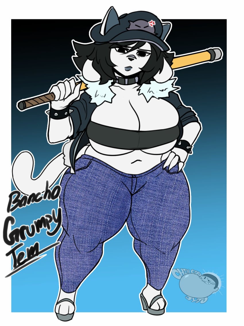 3_toes 5_fingers anger_vein bancho belly_button big_breasts black_hair bracelet breasts cap choker clothed clothing ear ears_through_headwear female footwear furry hat headwear heels huge_breasts jacket jacket_open jeans jyto lipstick pants shoes short_hair tail temmie_(undertale) thick_thighs tube_top tubetop unamused undertale_(series) weapon wide_hips