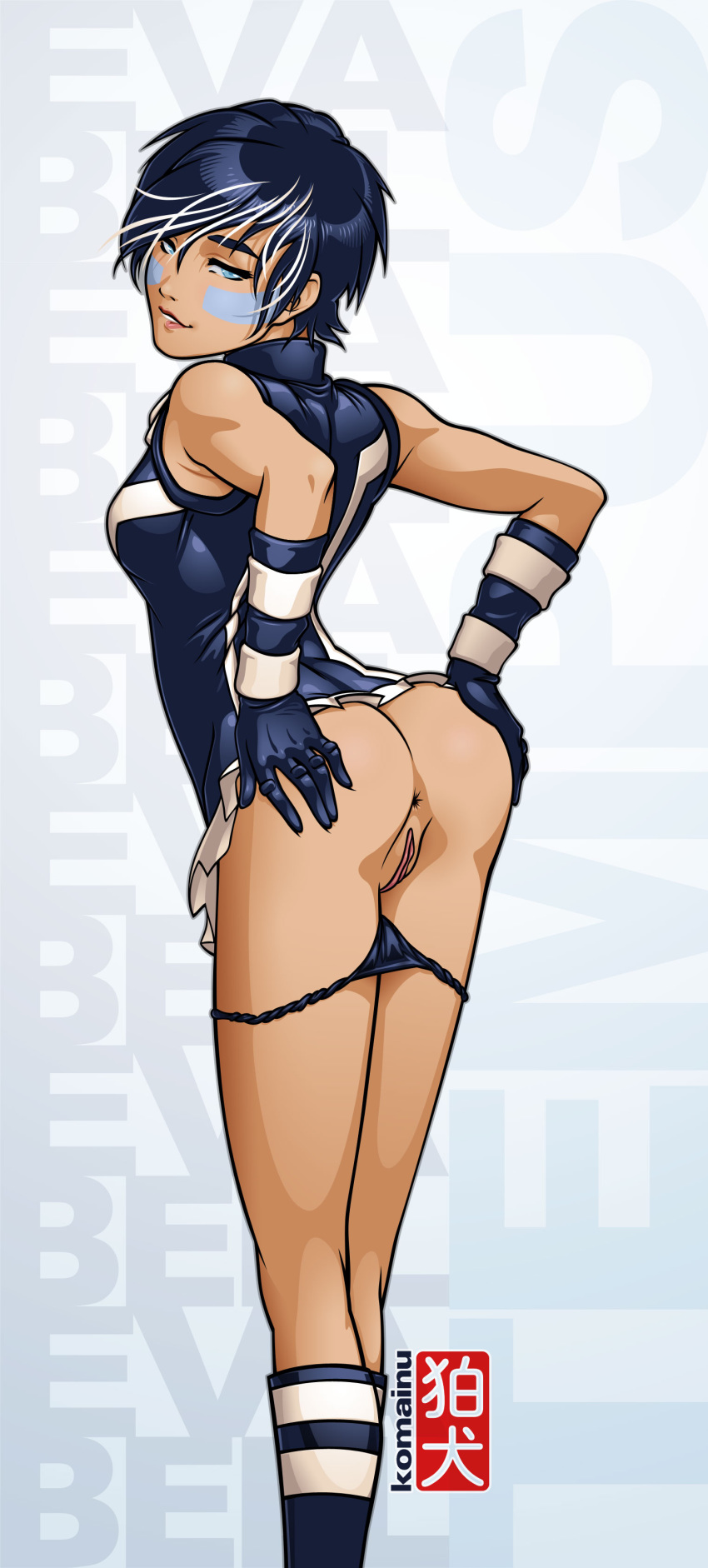 1girls anus aqua_eyes ass blue_gloves blue_hair blue_panties eva_bell facial_mark female gloves hands_on_ass komainu_(artist) looking_back marvel panties panties_down parted_lips presenting short_hair skirt solo standing tall_image tempus two_tone_hair underwear white_hair x-men