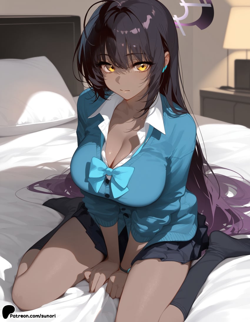 1girl ai_generated bangs bed bed_sheet bedroom between_legs black_hair black_legwear black_skirt blue_archive bow bowtie breasts cardigan cleavage collarbone dark-skinned_female dark_skin earrings eyebrows_visible_through_hair hand_between_legs indoors jewelry karin_(blue_archive) kneehighs large_breasts long_hair looking_at_viewer no_shoes on_bed pillow pleated_skirt school_uniform shirt sitting sitting_on_bed skirt socks solo sunori thighs wariza white_shirt yellow_eyes